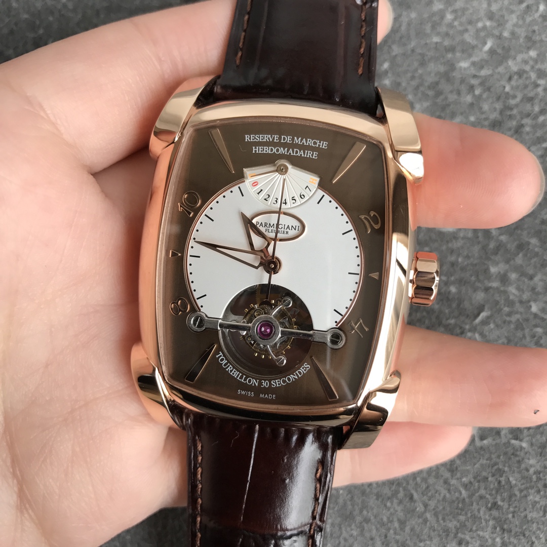 PARMIGIANI ヤルミナティータブー偽物 トゥールビヨン レザー 鰐魚革 腕時計 ゴールドケース ブラウン_1