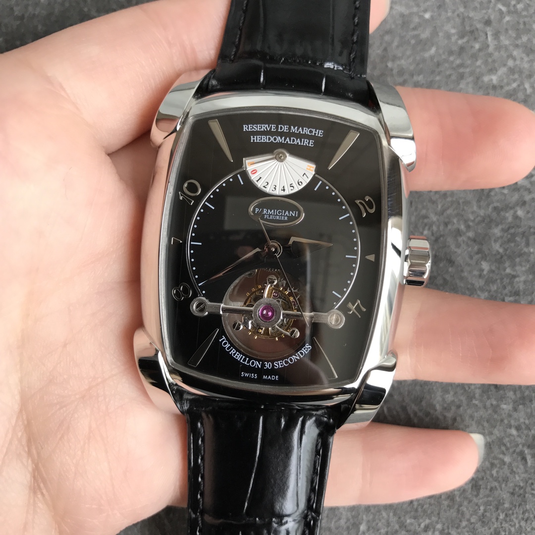 PARMIGIANI 魅力的なパルミジャーニフルリエ ラトラパンテ偽物 トゥールビヨン 鰐魚革 腕時計 シルバーケース ブラック_1