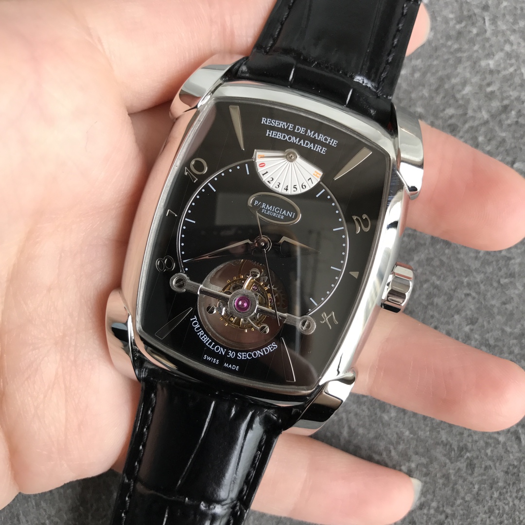 PARMIGIANI 魅力的なパルミジャーニフルリエ ラトラパンテ偽物 トゥールビヨン 鰐魚革 腕時計 シルバーケース ブラック_2