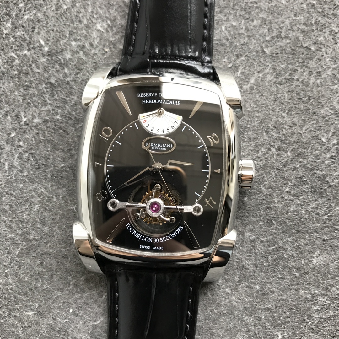 PARMIGIANI 魅力的なパルミジャーニフルリエ ラトラパンテ偽物 トゥールビヨン 鰐魚革 腕時計 シルバーケース ブラック_6