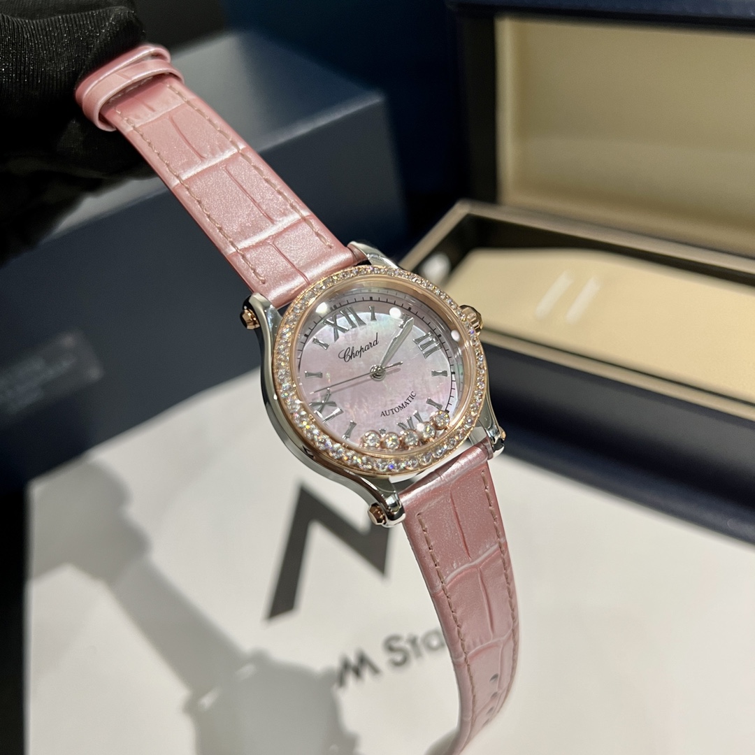 爆買いで大得価の CHOPARDハッピー ダイヤモンド 腕時計コピー シンプル  腕時計 ウォッチ 優雅 本革 レザー ピンク_3